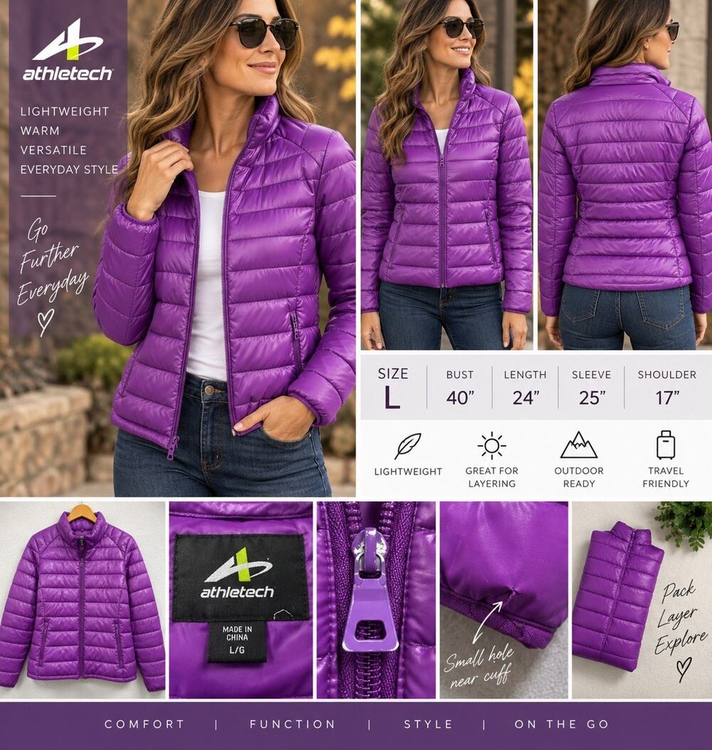 Athletech Women’s Large Purple Puffer Jacket Lightweight Full Zip Quilted
